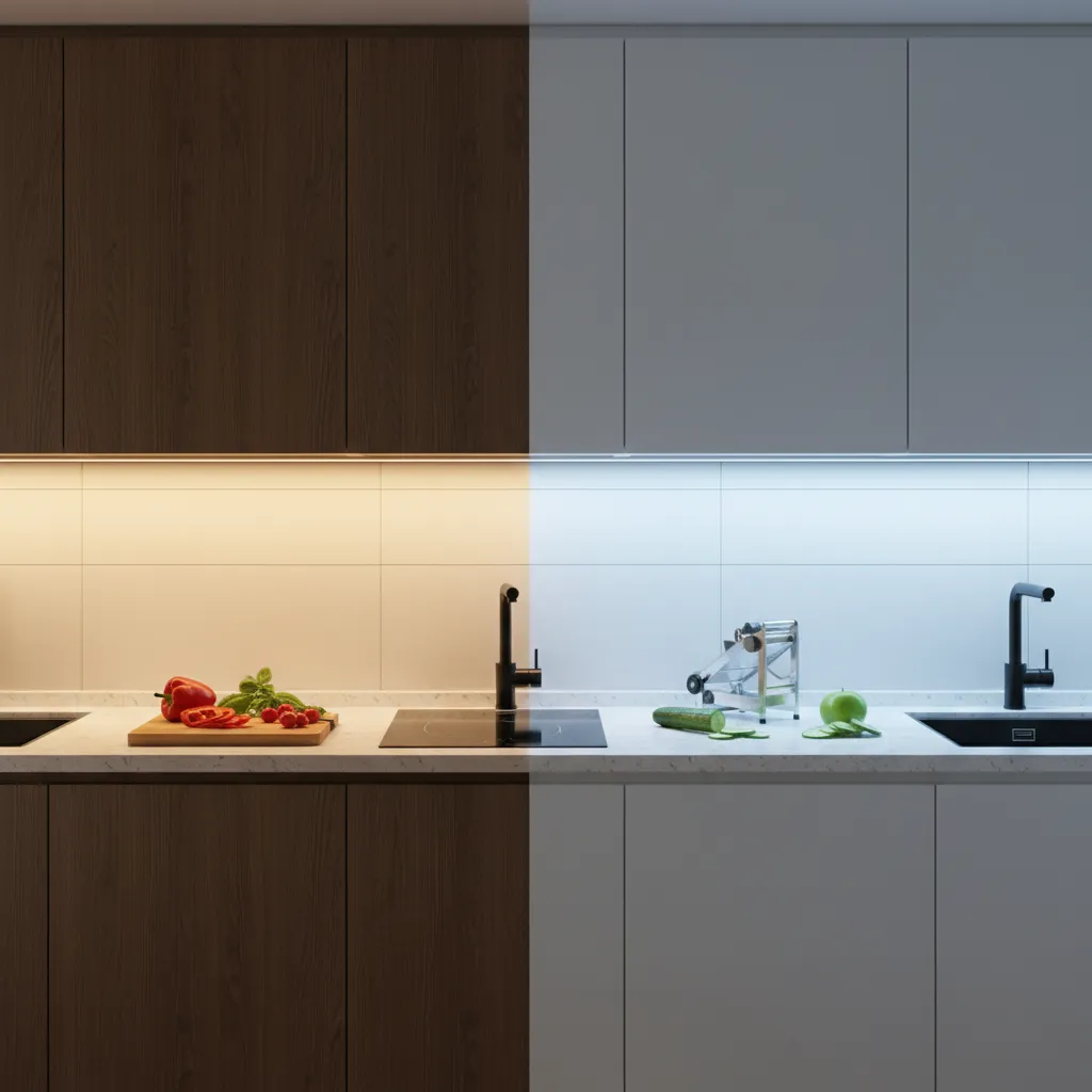 Comparison of warm vs cool LED strip lighting on a kitchen countertop
