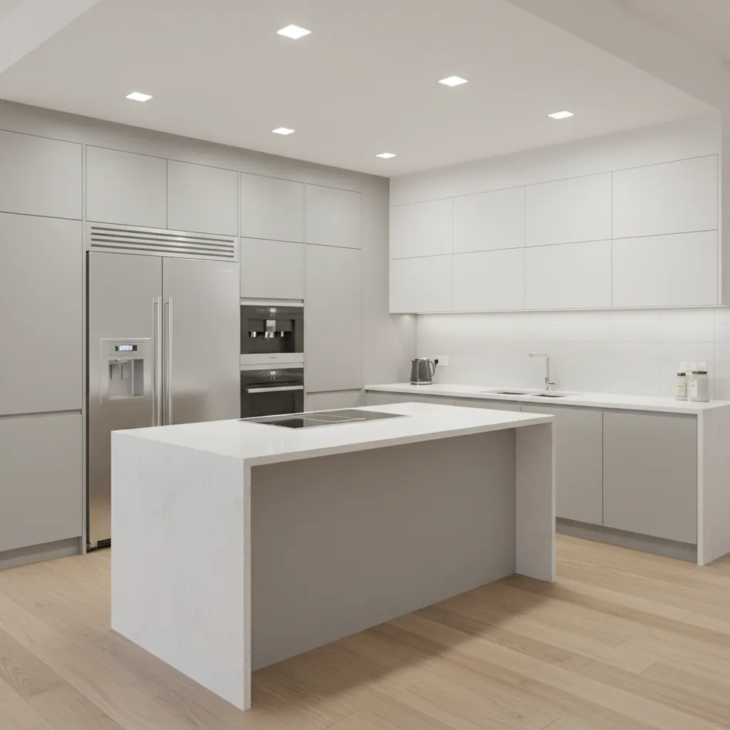 modern kitchen interior with upgraded LED ceiling lighting replacing fluorescent fixtures