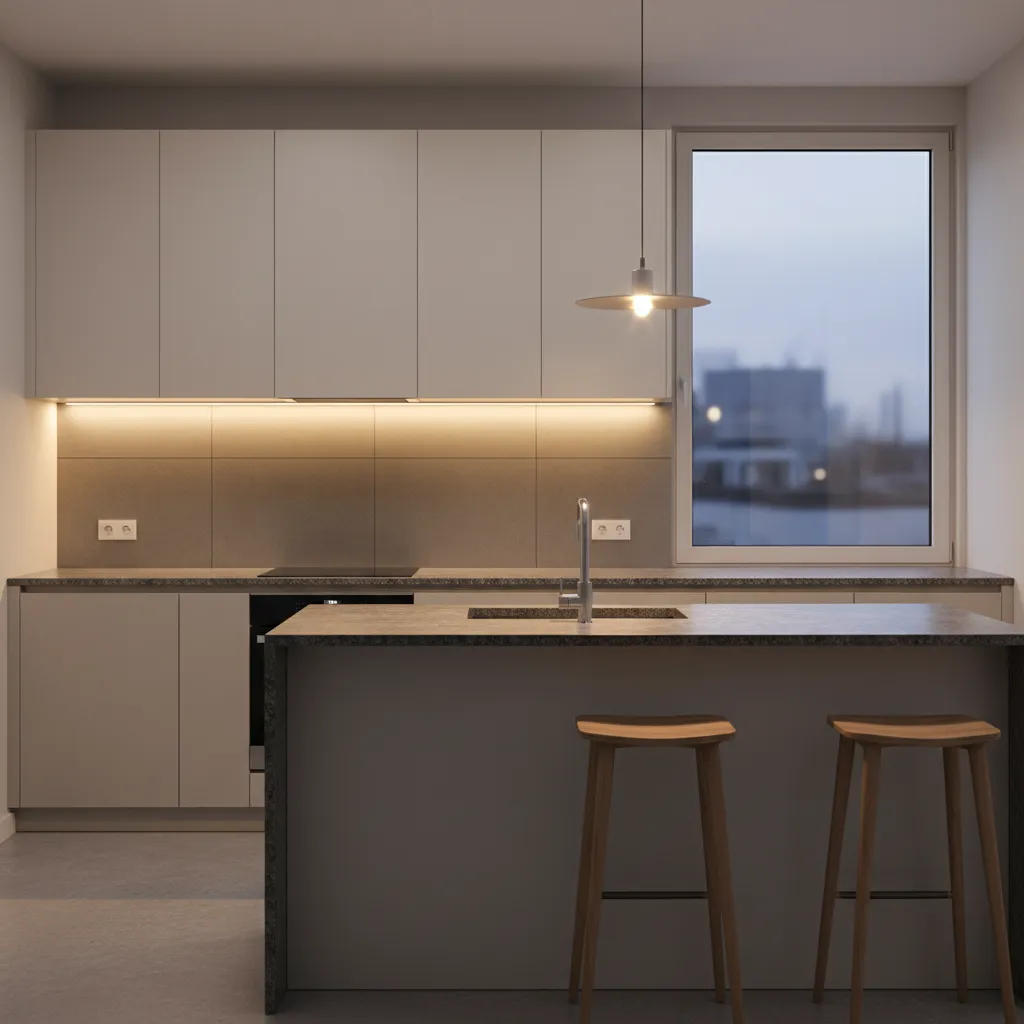 budget kitchen with LED strip lighting under cabinets