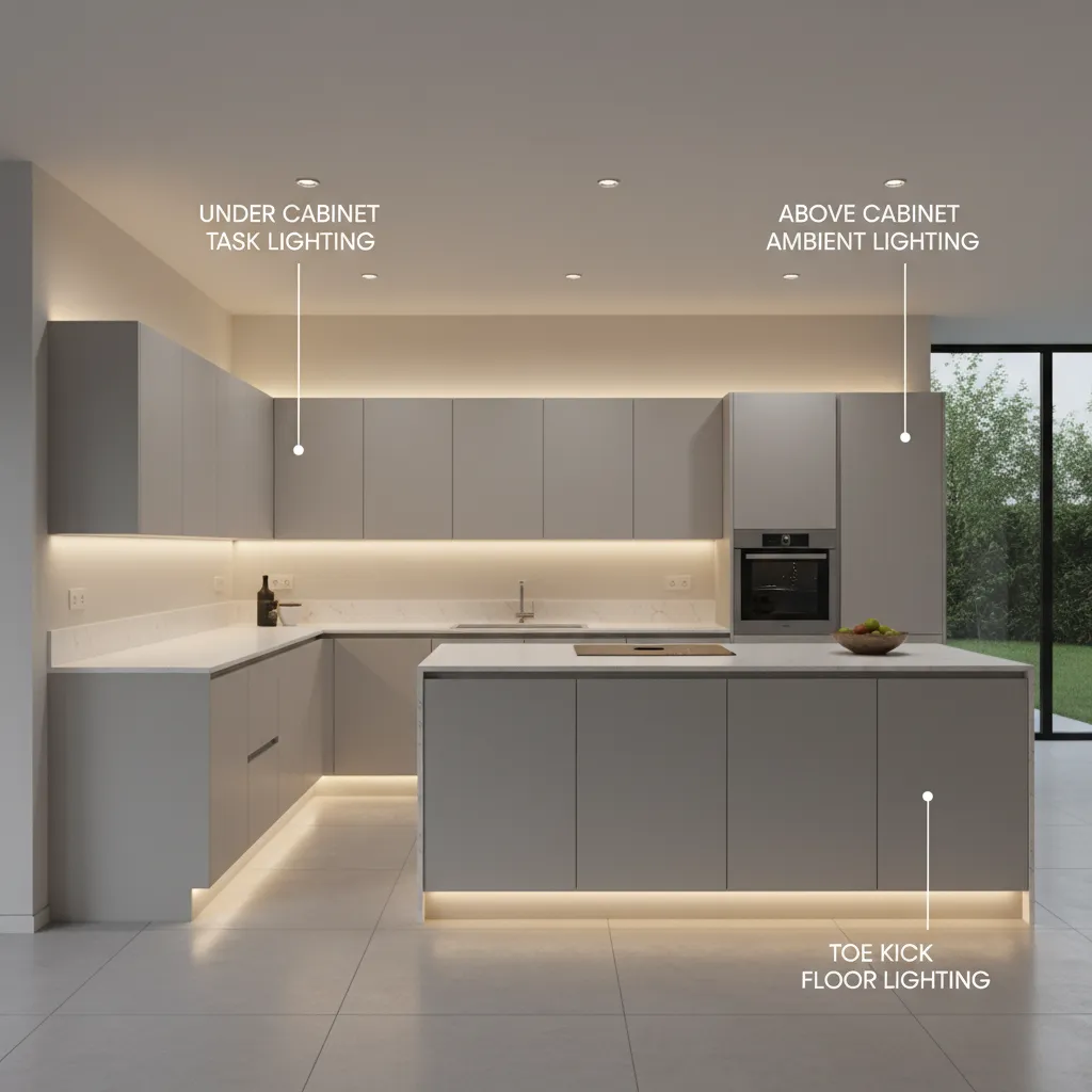 diagram style kitchen showing under cabinet above cabinet and toe kick LED strip lighting zones