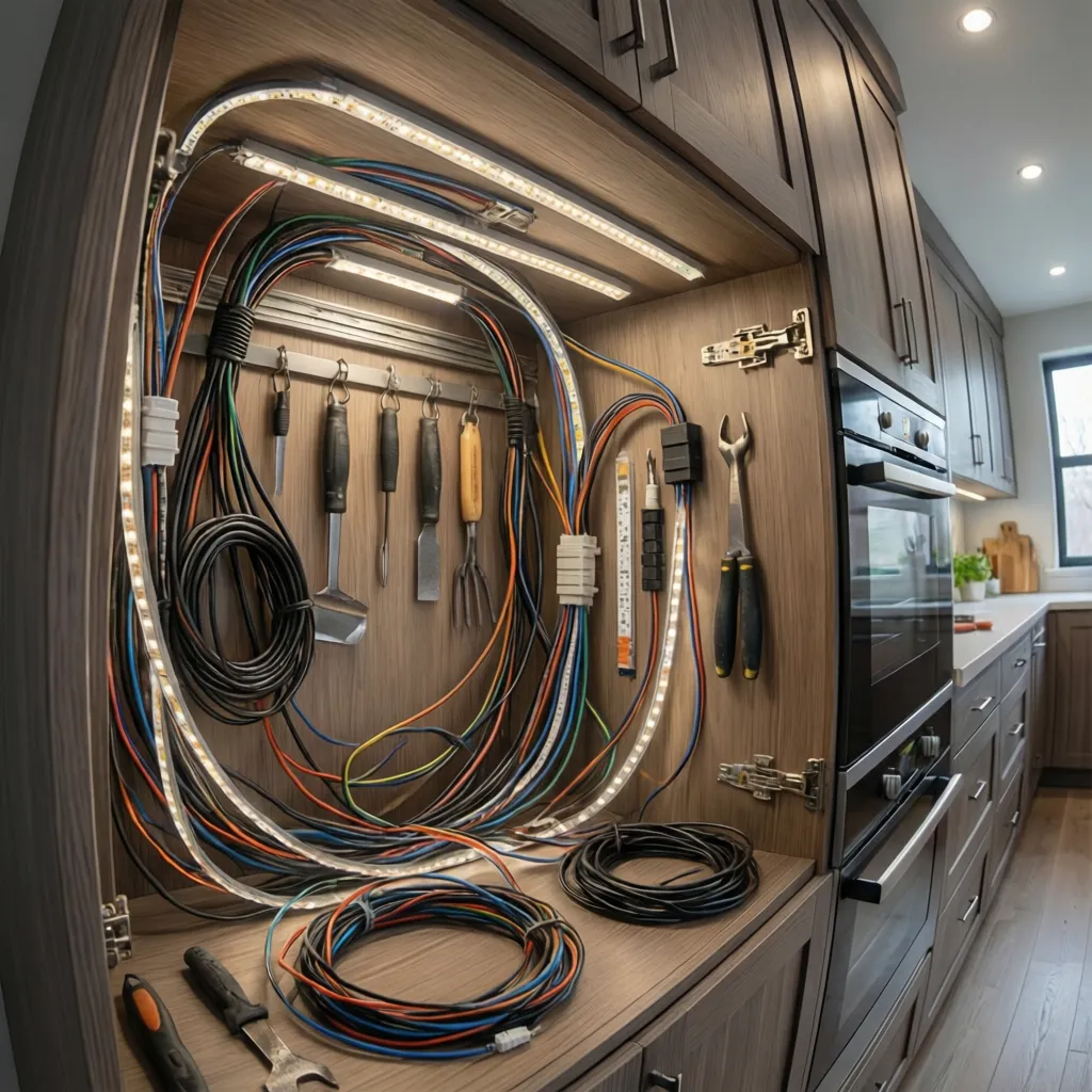Neatly routed LED strip wiring inside kitchen cabinet with clips and cable management
