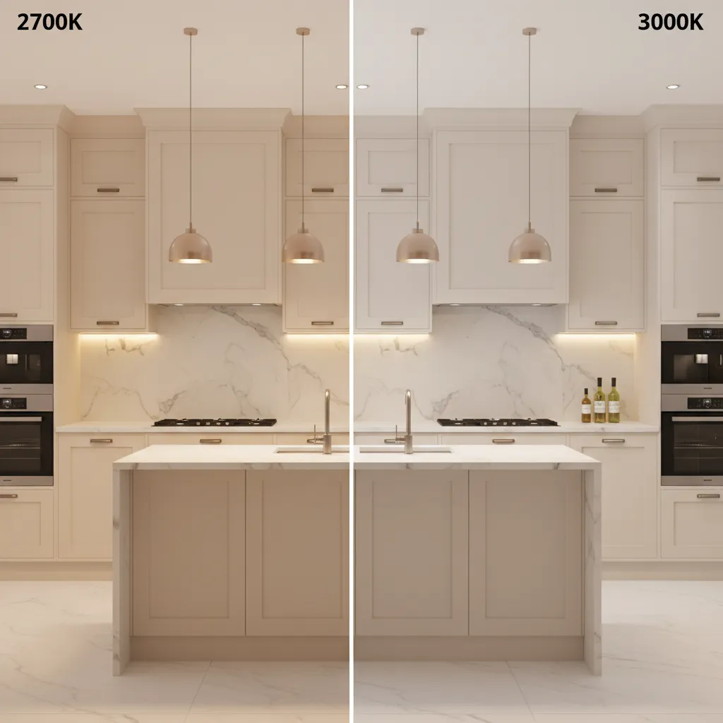 Comparison of cabinet color under 2700K and 3000K kitchen lighting