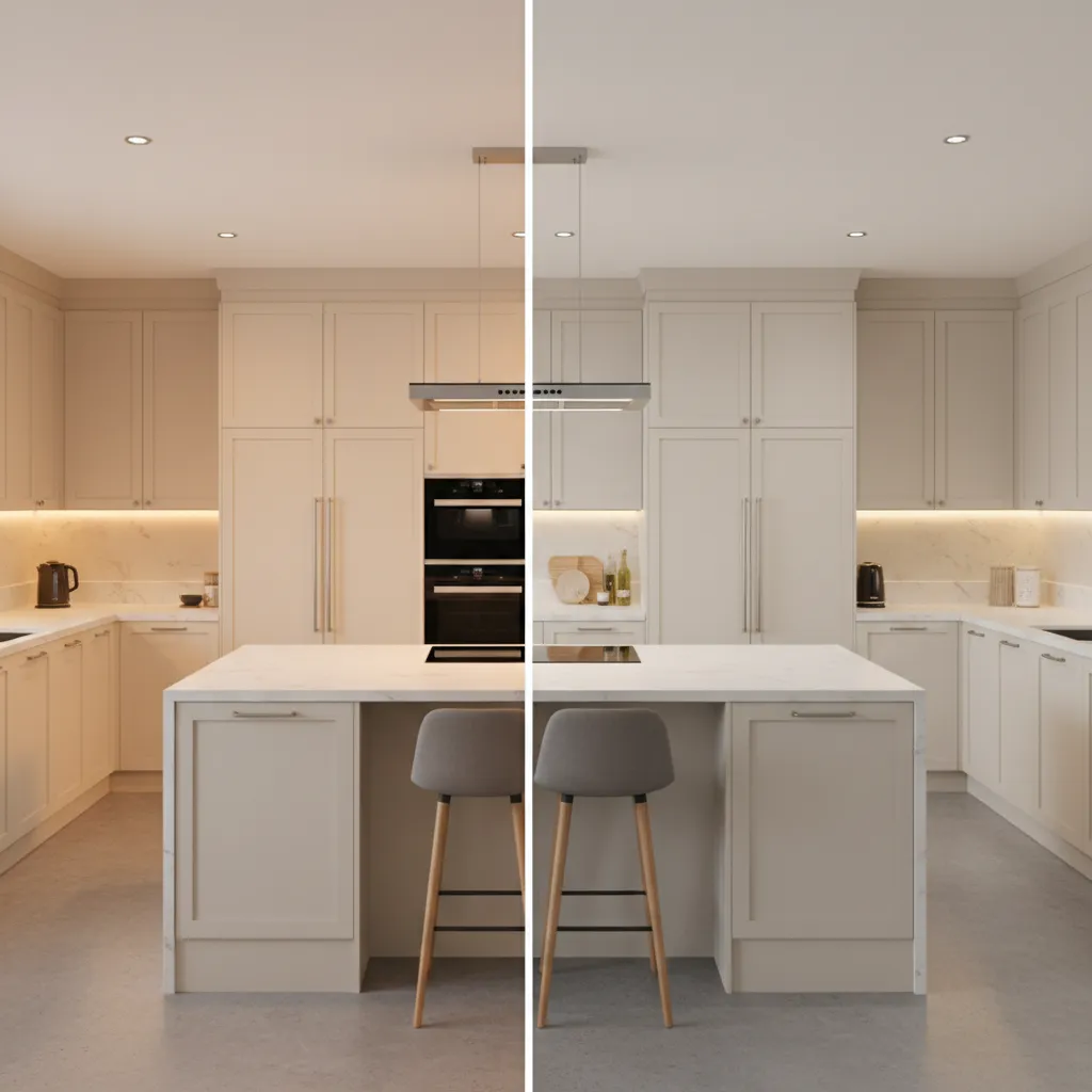 Kitchen lighting comparison showing warm and neutral light on cream cabinets