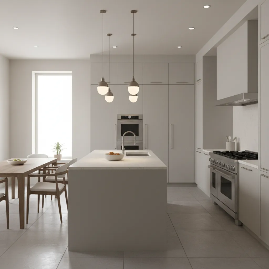 modern kitchen with island lighting range hood and ventilation system