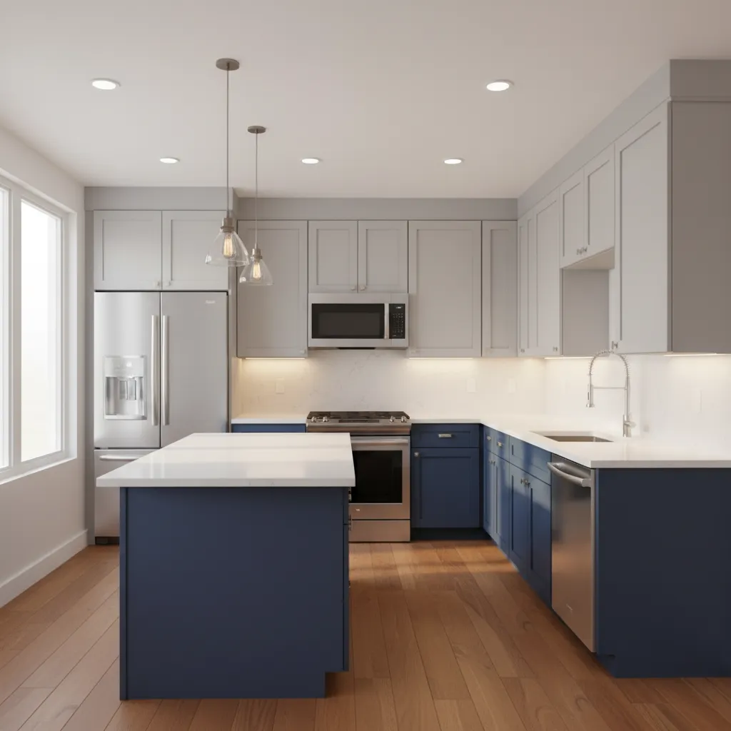 Modern kitchen with blue cabinets grey cabinets white countertops wood floor and hanging ceiling light