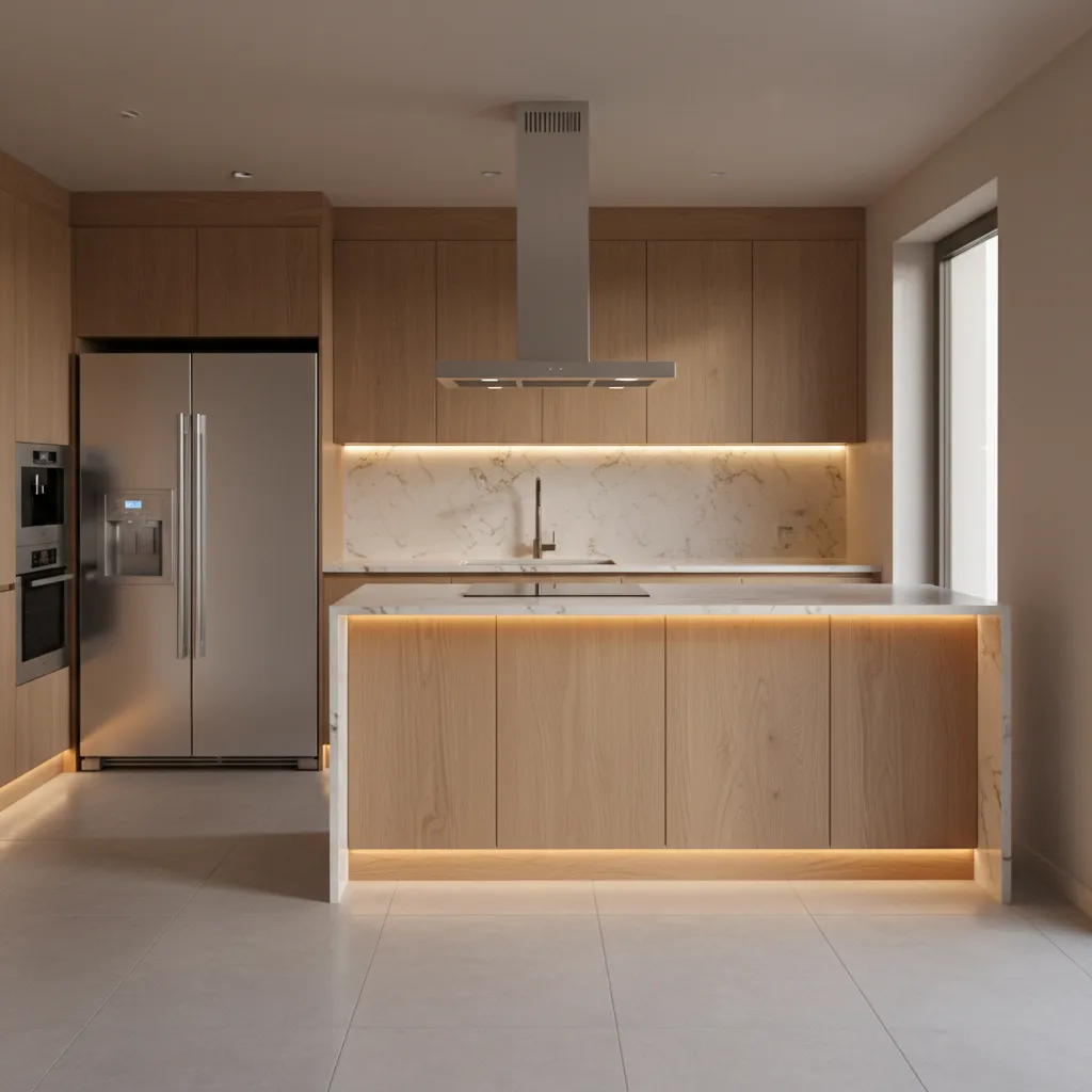 Kitchen showing warm lighting effect on beige wall colors