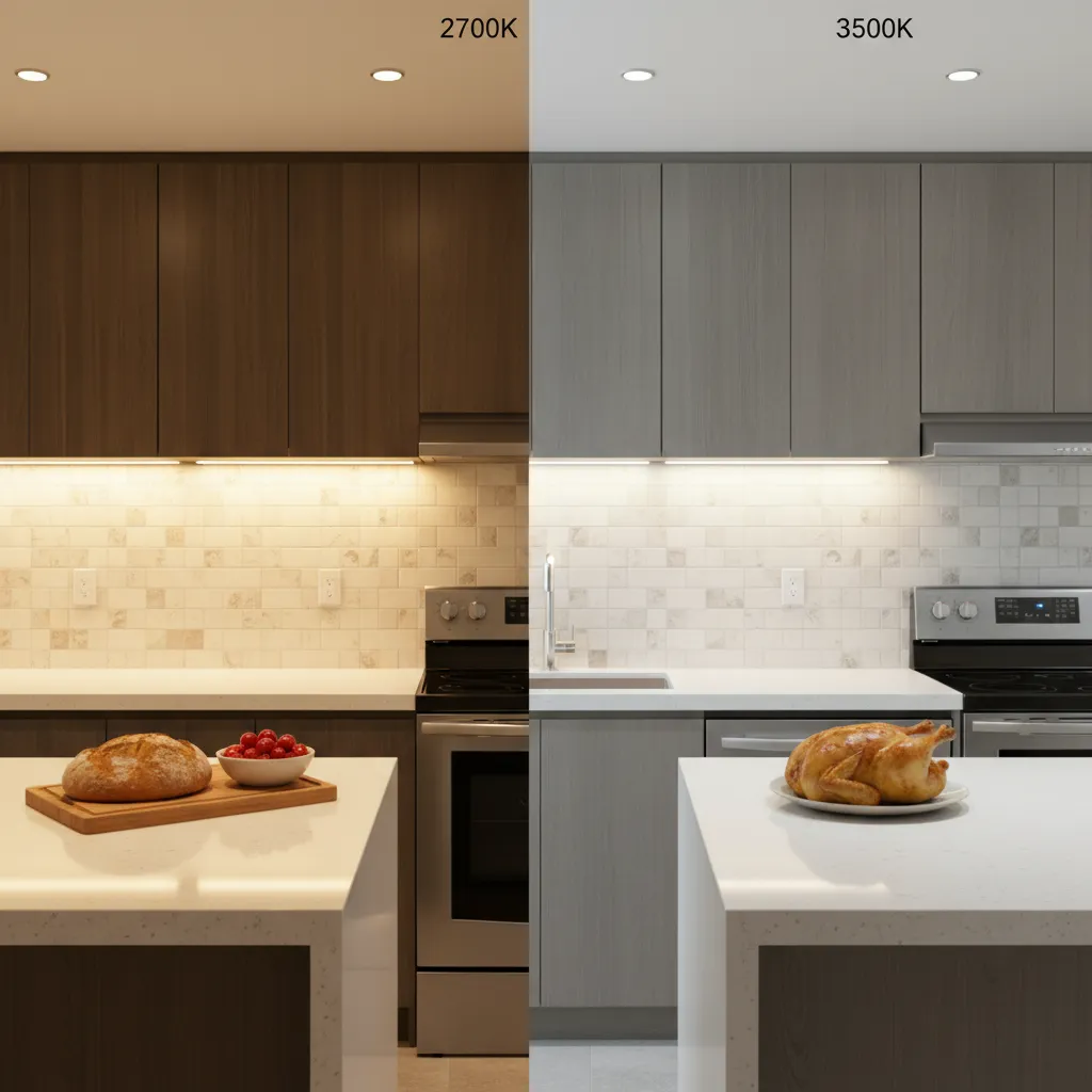 kitchen lighting comparison showing warm 2700K and neutral 3500K LED color temperatures