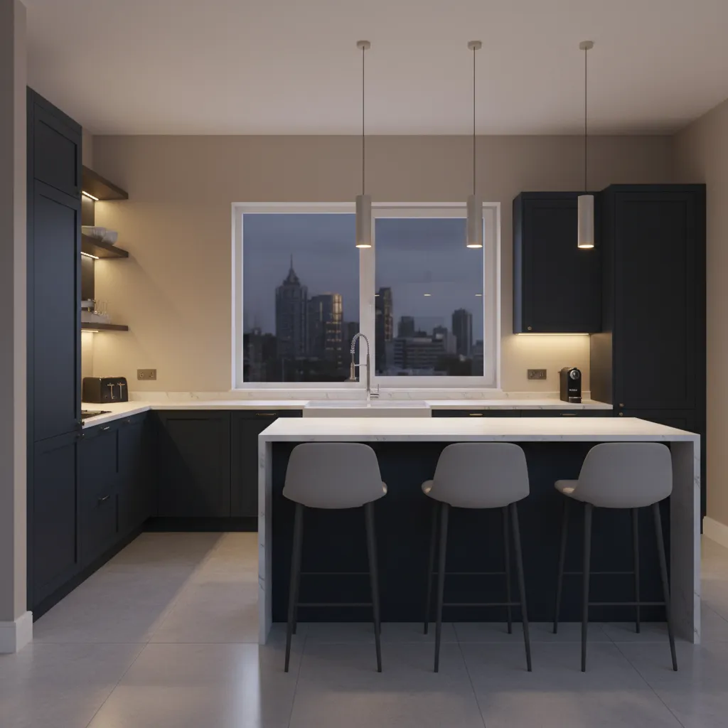 kitchen lighting design with dark cabinets and neutral walls