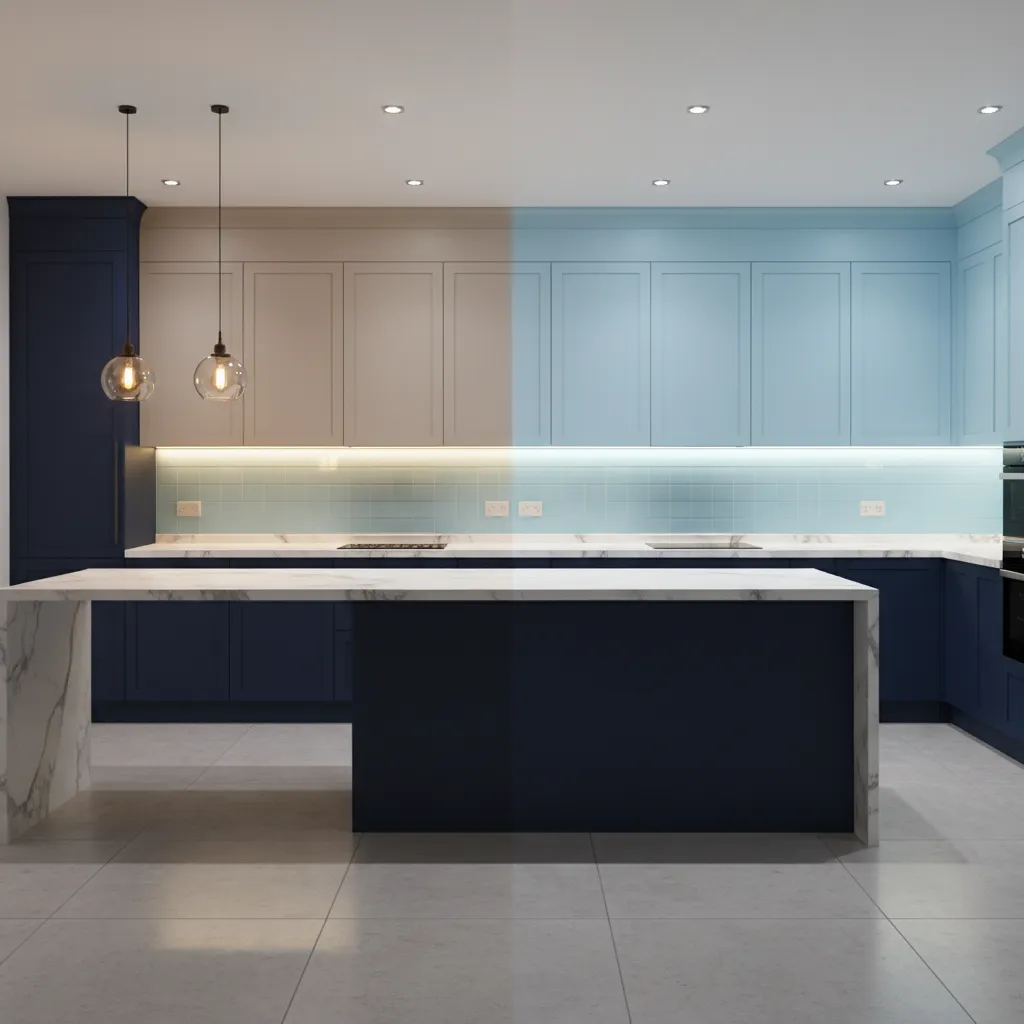 Kitchen showing lighting differences affecting navy and sky blue surfaces