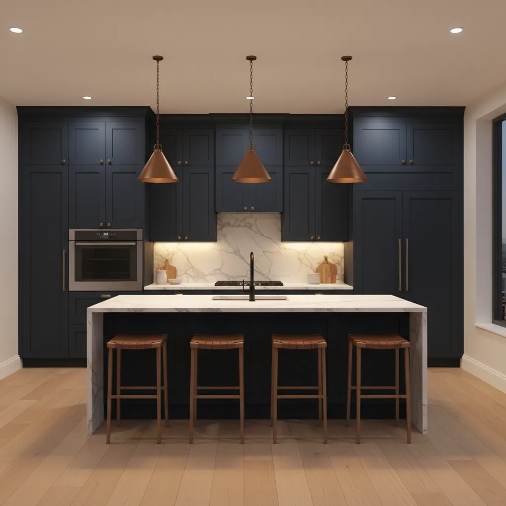 Kitchen lighting showing how wall color affects dark cabinet spaces