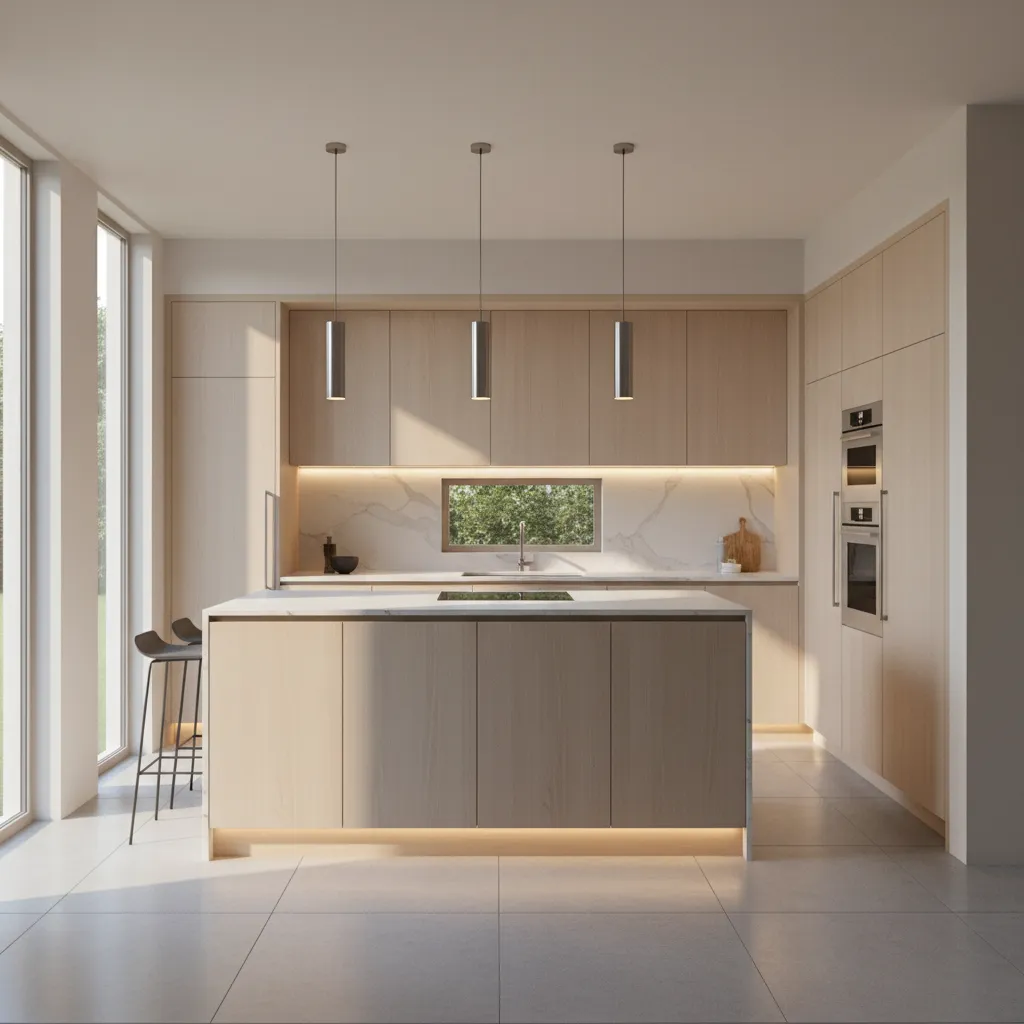 Kitchen showing how lighting changes wall color with wood cabinets