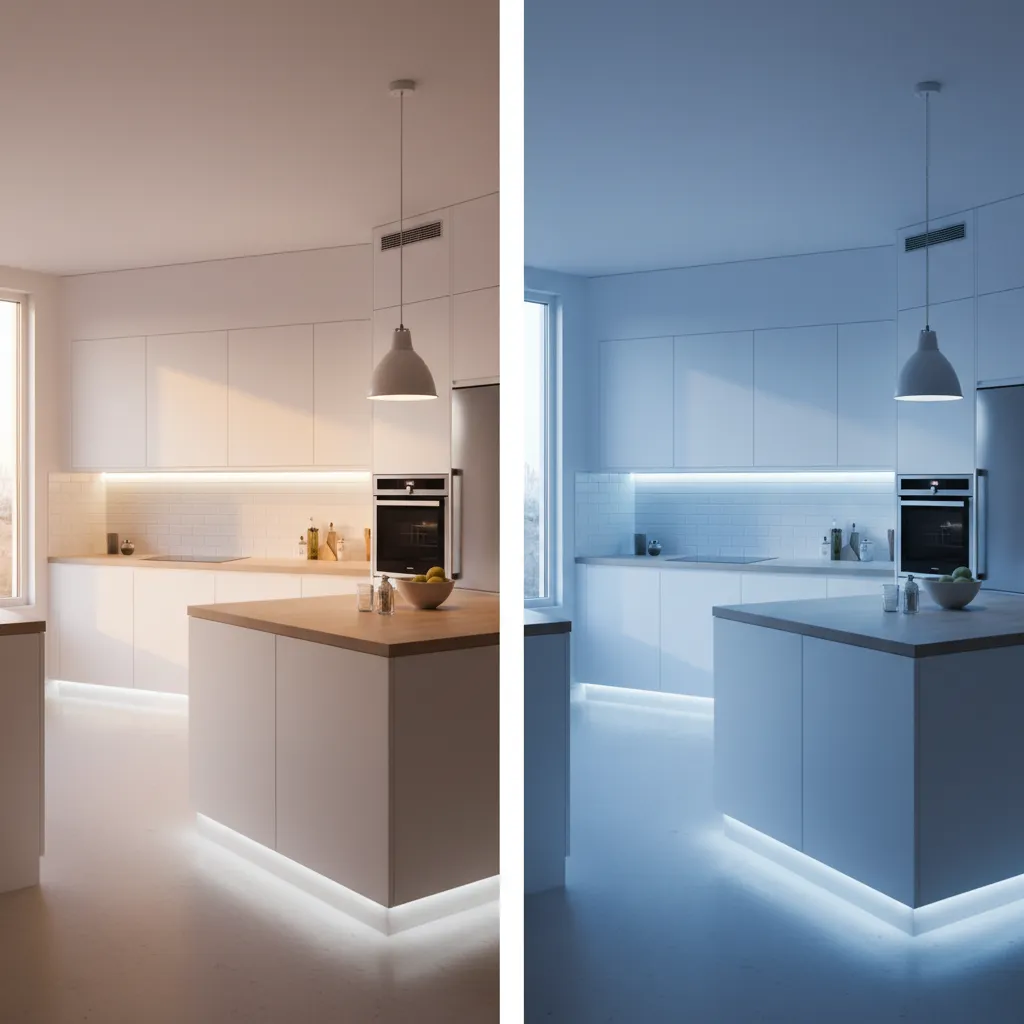 Kitchen showing how lighting changes white cabinet color