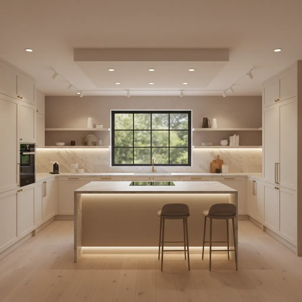 Kitchen showing ambient task and accent lighting layers