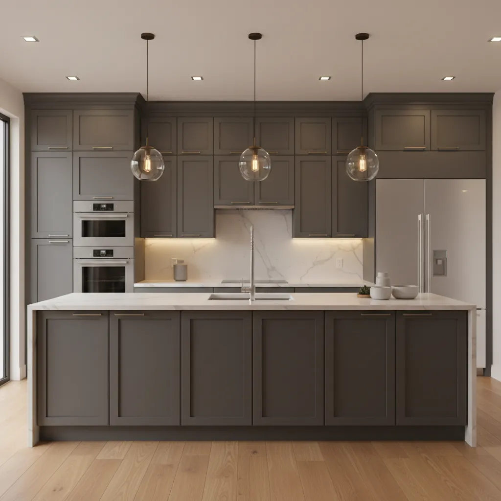 Gray kitchen cabinets with layered lighting including under cabinet lights and pendant fixtures