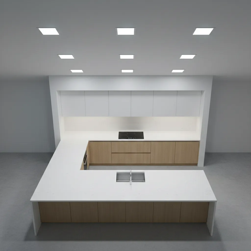 top view kitchen lighting layout showing panel light placement across work areas