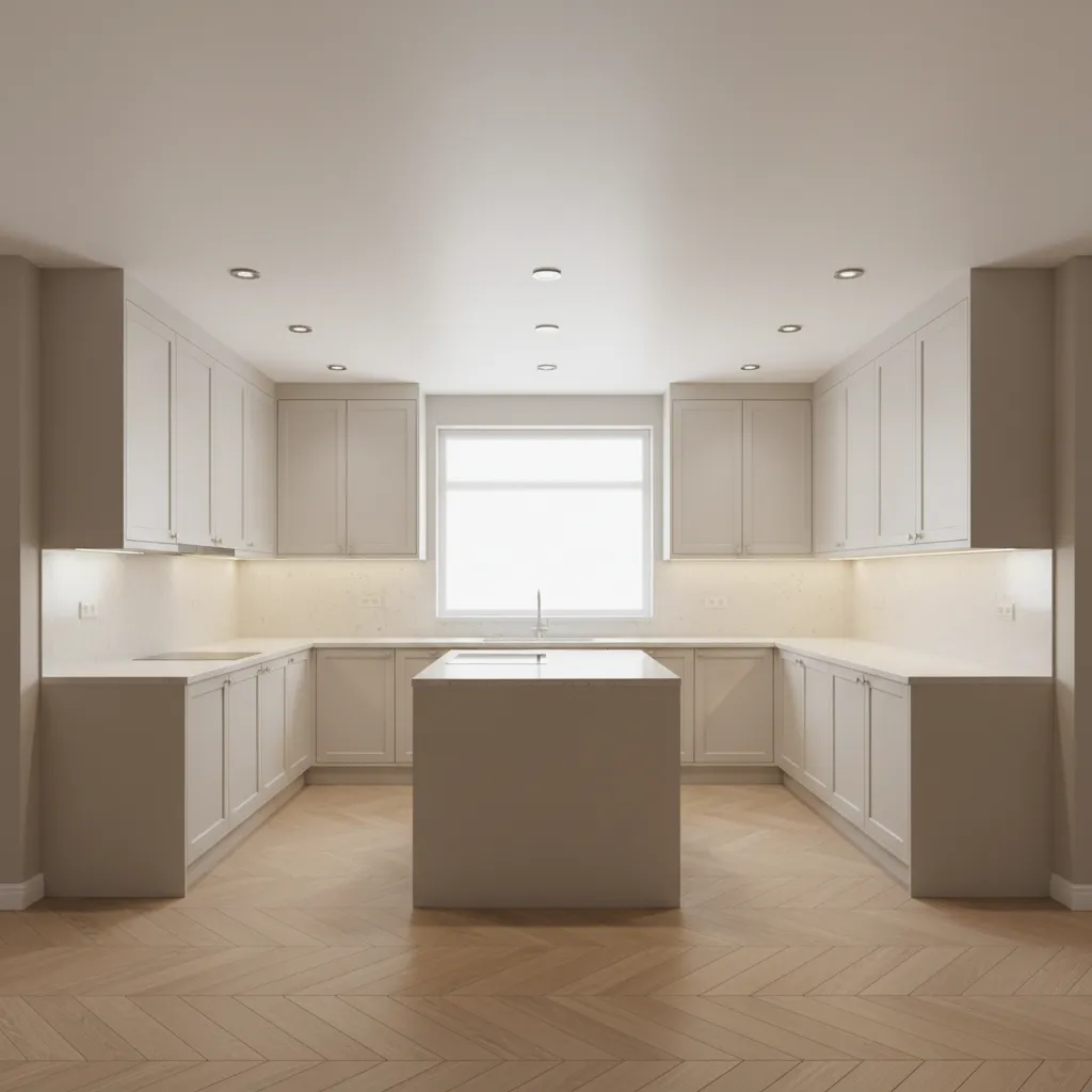 Kitchen ceiling with properly spaced recessed lighting near cabinets