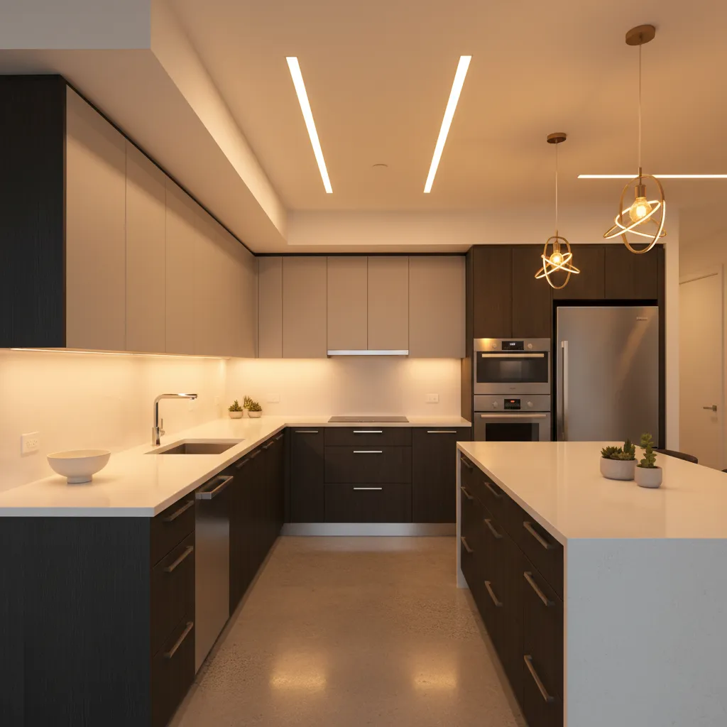 Modern kitchen with under cabinet LED lighting and layered lighting design