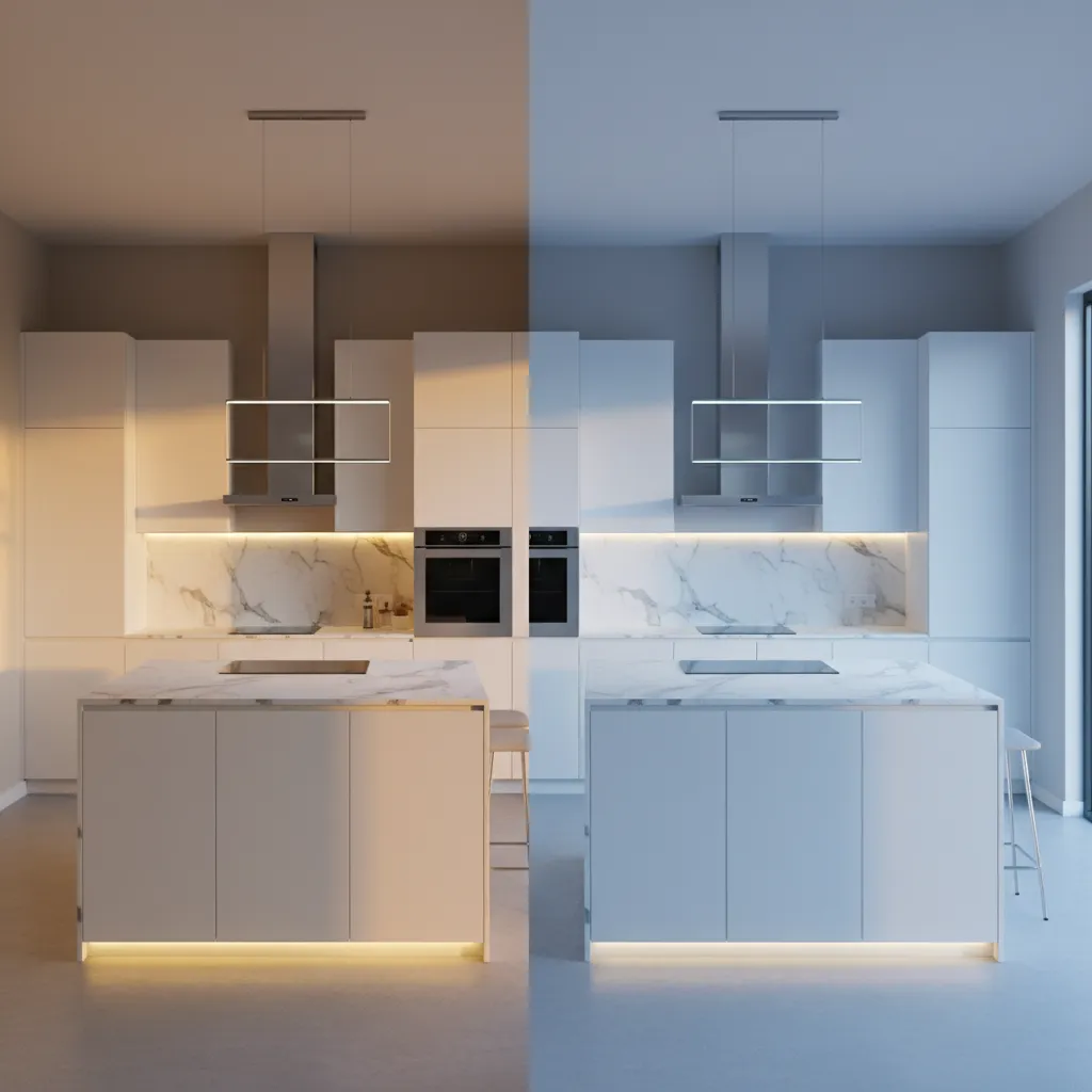 kitchen lighting affecting wall paint color near white cabinets