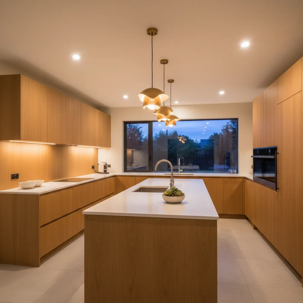 modern remodeled kitchen with layered lighting and upgraded materials
