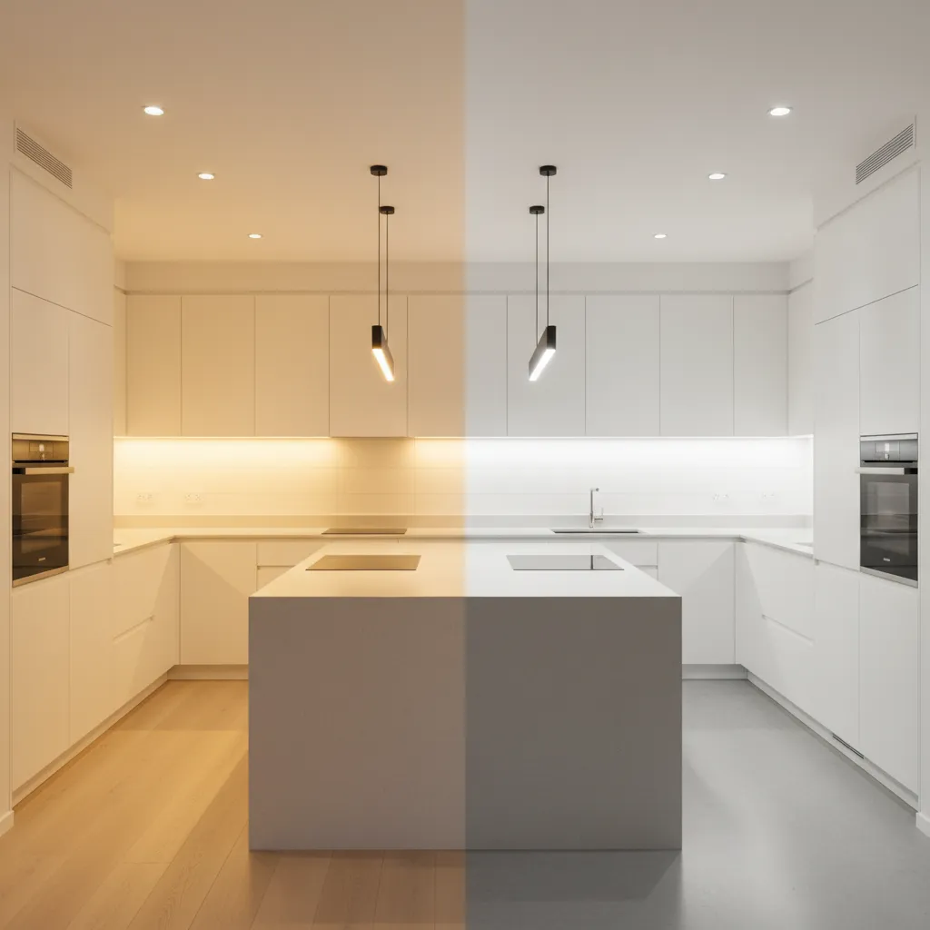 Comparison of warm and cool lighting effects on white kitchen cabinets