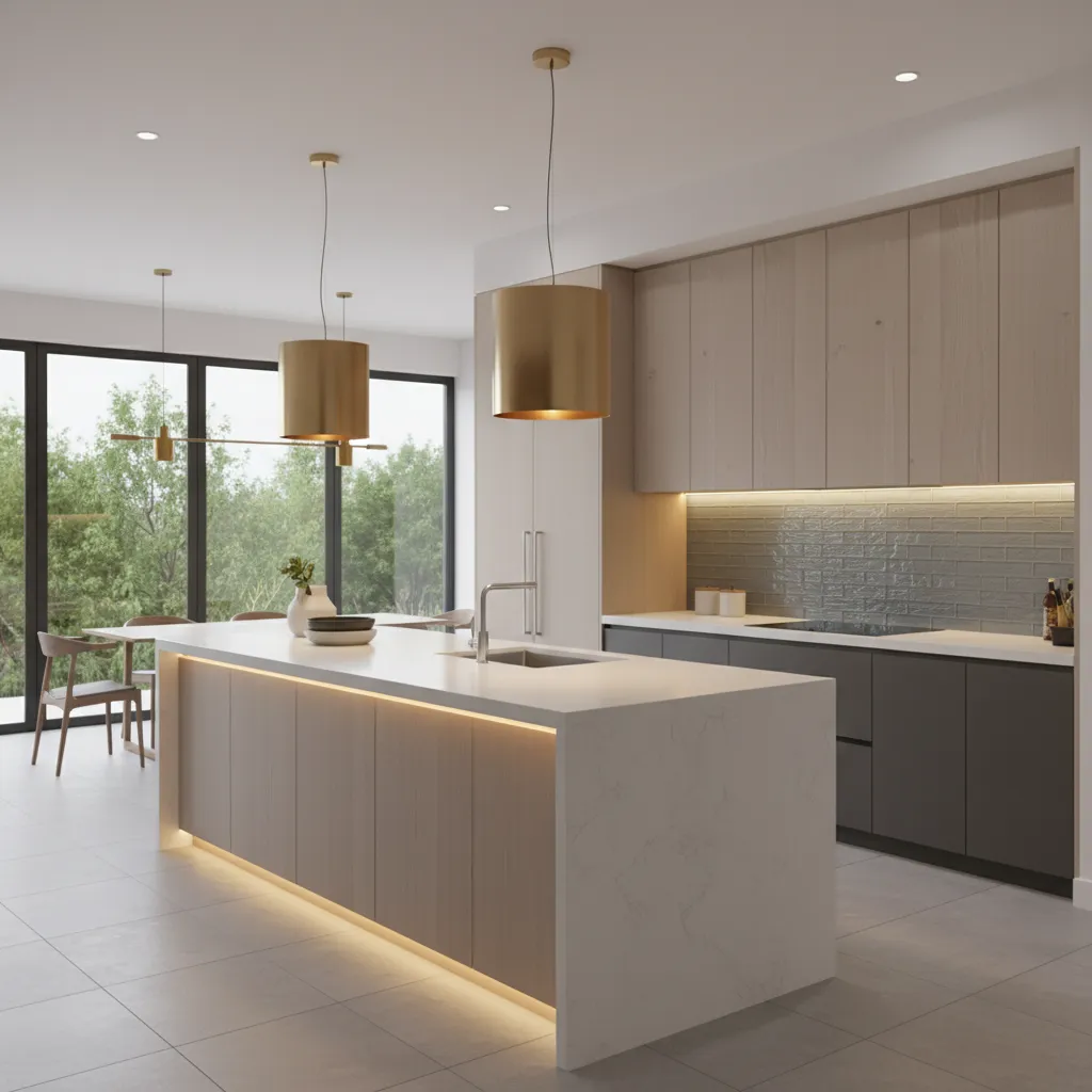 Kitchen island with pendant lighting and under cabinet lights