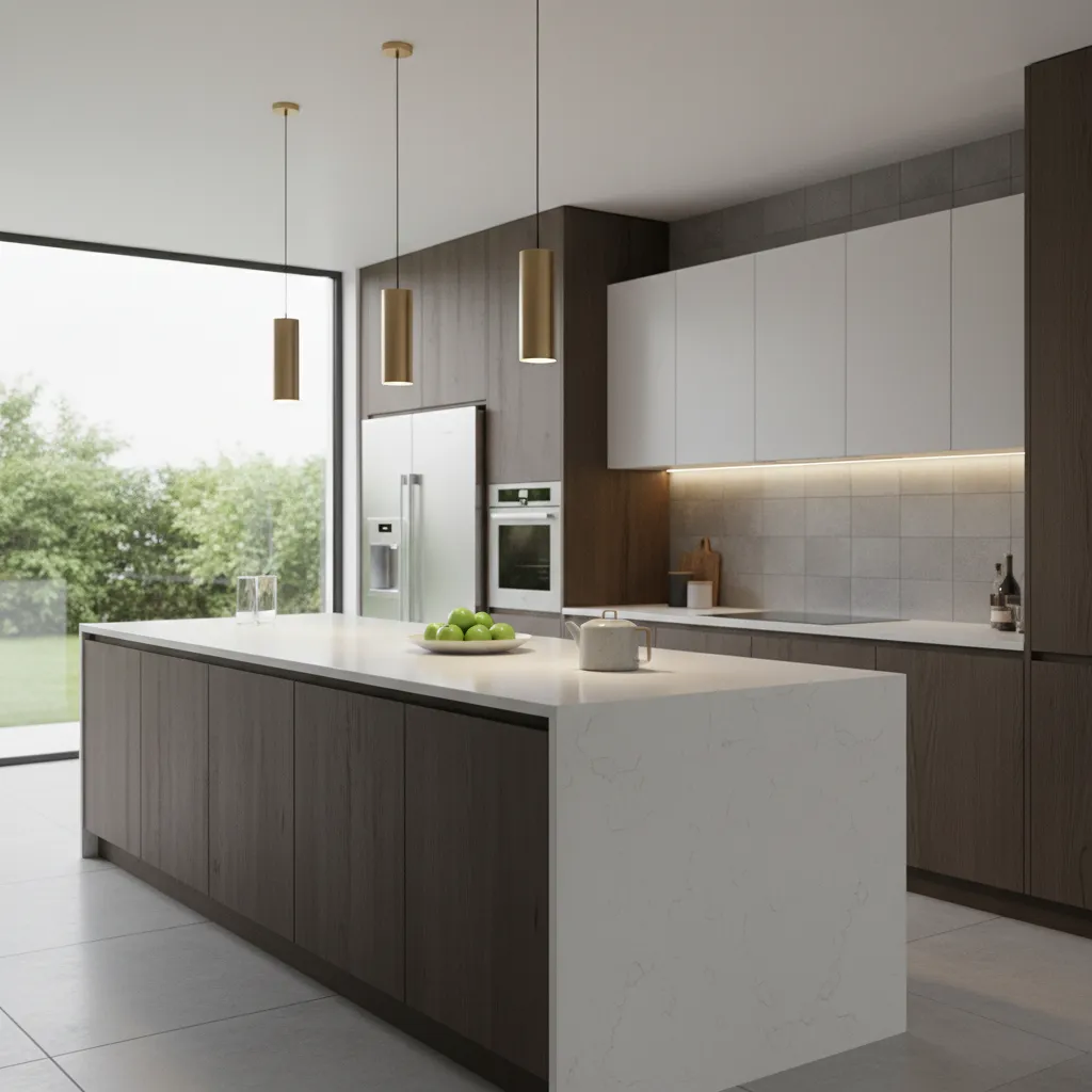 Kitchen with pendant lights and under cabinet lighting showing modern lighting upgrade