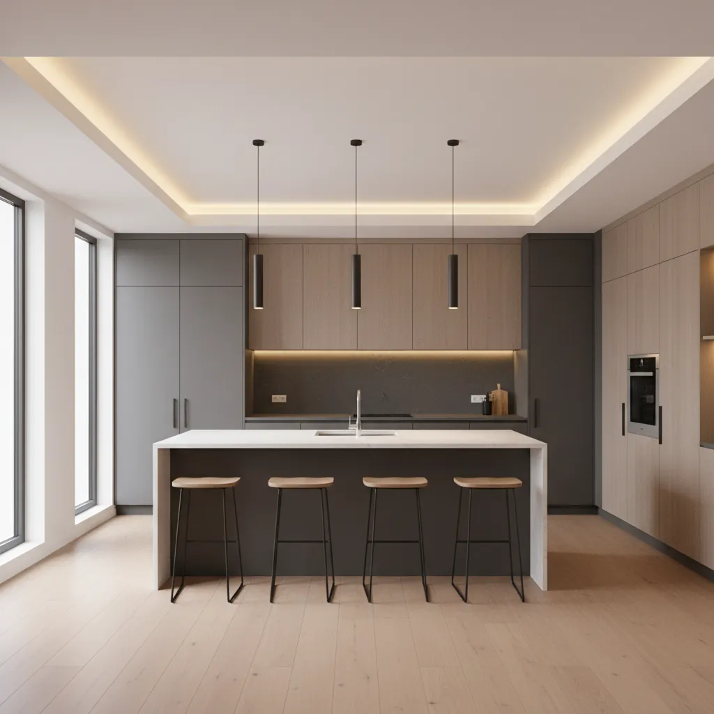 Kitchen interior showing layered lighting zones for task ambient and accent lighting