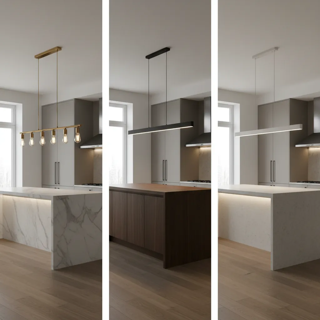 Different linear lighting finishes used in kitchen island design
