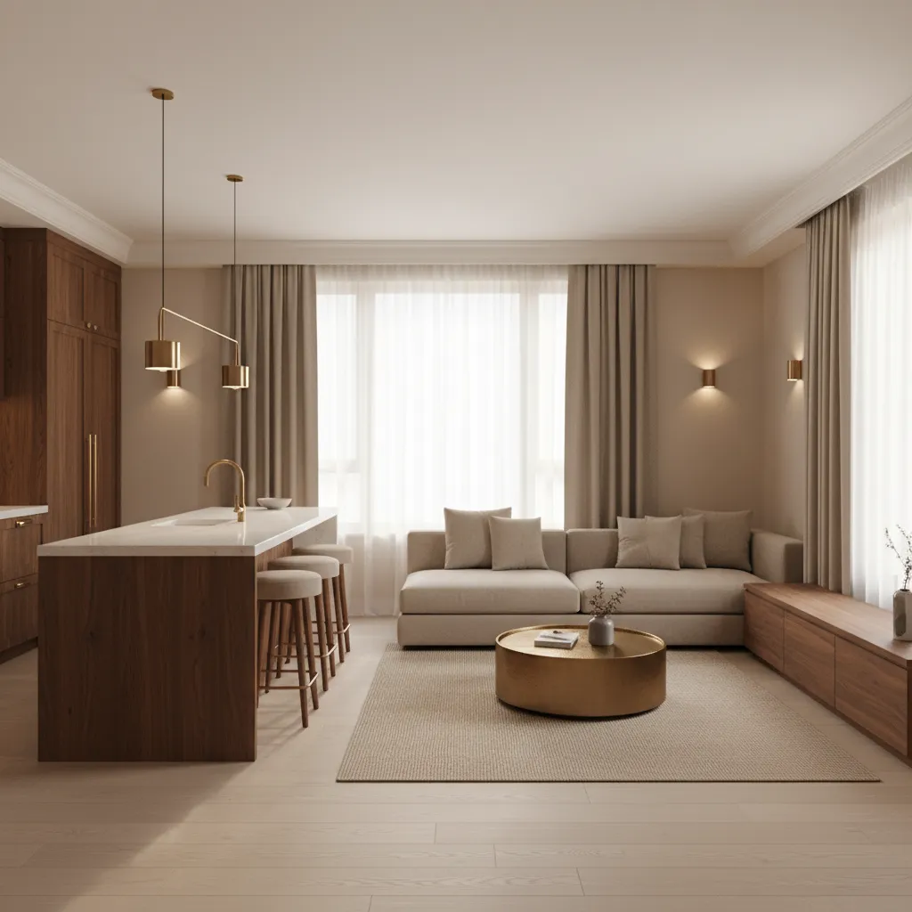 Kitchen island and living room furniture showing coordinated color combinations