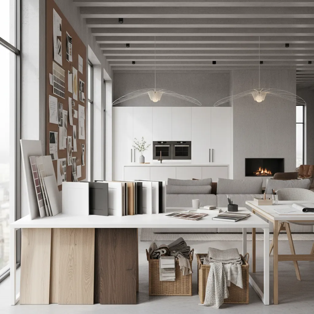 Interior designer testing paint samples and materials for kitchen and living room palette