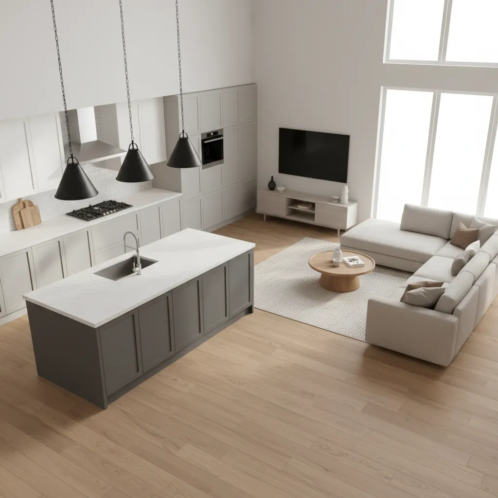 Open floor plan showing kitchen and living room color zoning with coordinated materials