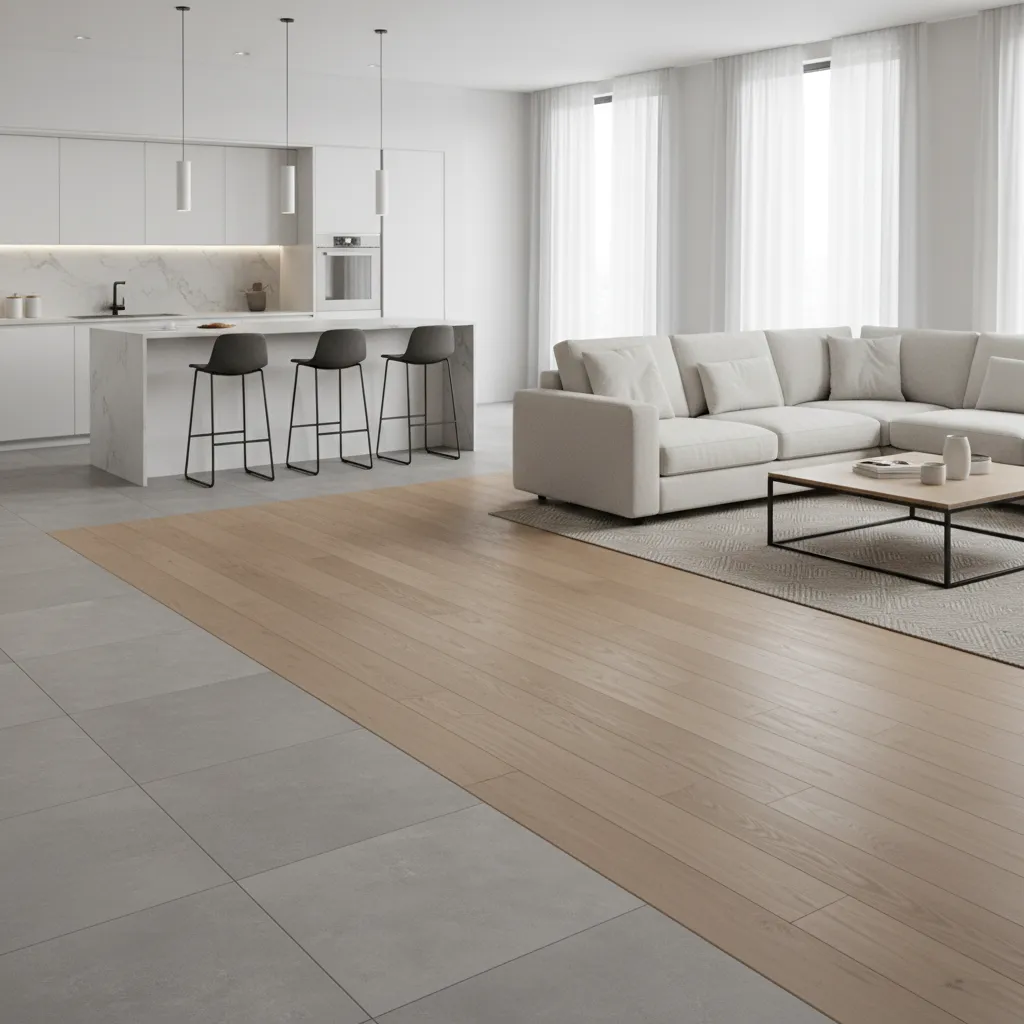 Tile kitchen flooring transitioning to hardwood living room floor