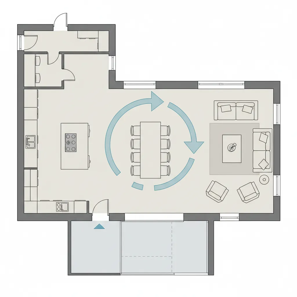Kitchen and living room flow layout diagram for efficient home design