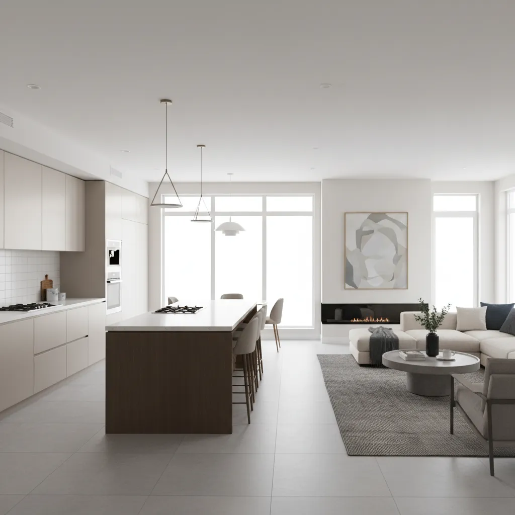 Open kitchen connected to living room in a modern 2150 sq ft house layout