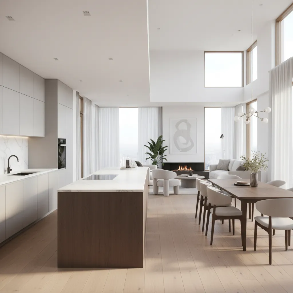 open plan kitchen connected to dining and living room with clear visual flow