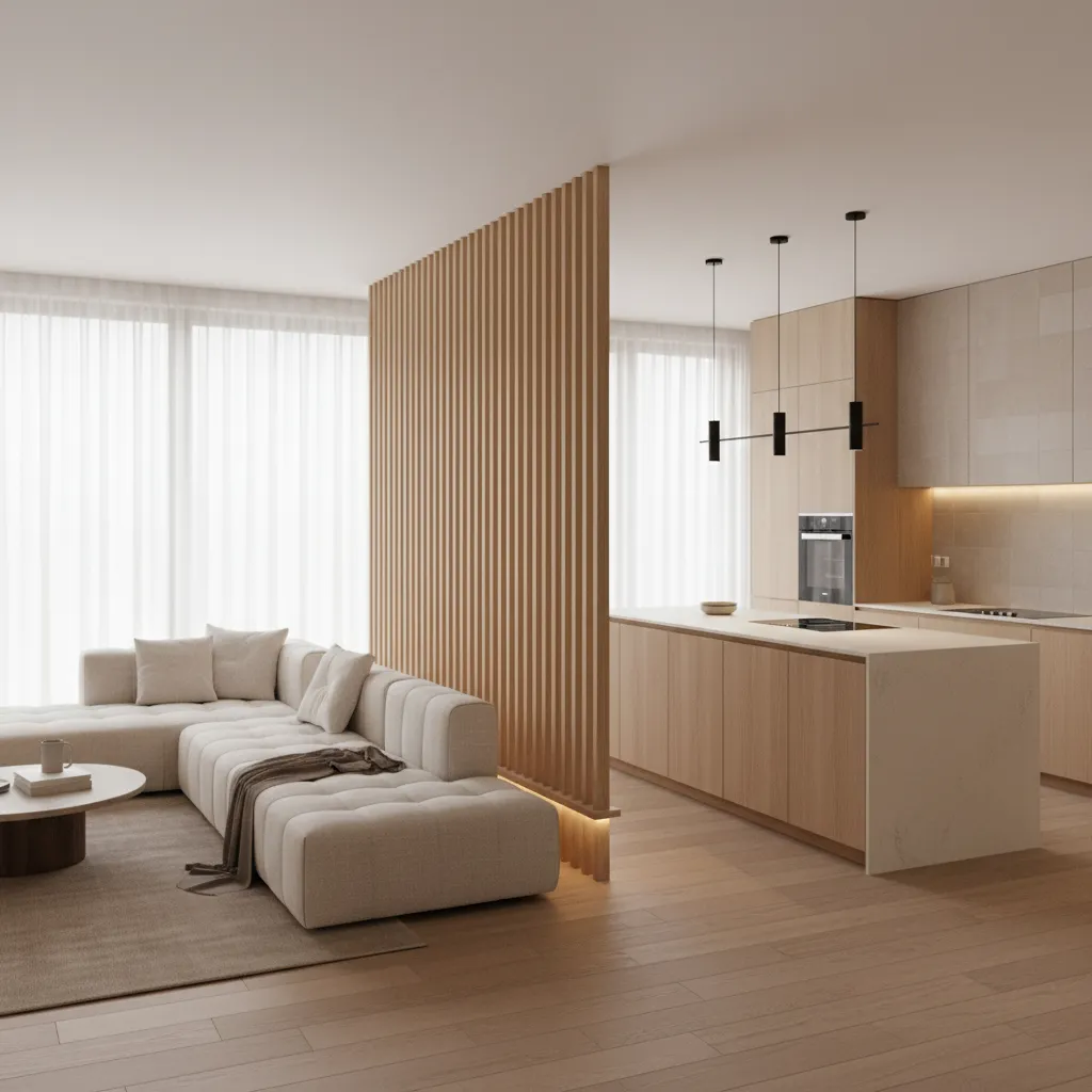 Modern kitchen and living room separated by a wooden vertical slat wall with white sofa
