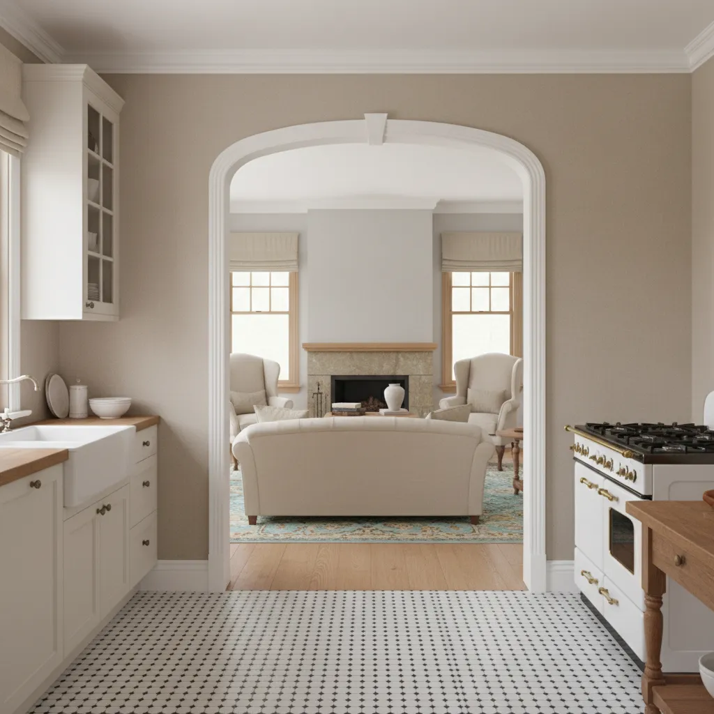 Kitchen and living room separated by load bearing wall in older home layout
