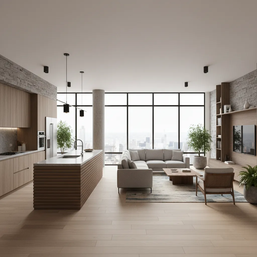 diseño 3D de cocina abierta conectada con salón