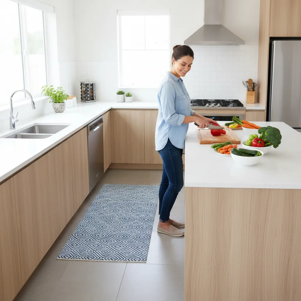 Cook standing on anti fatigue mat while preparing food