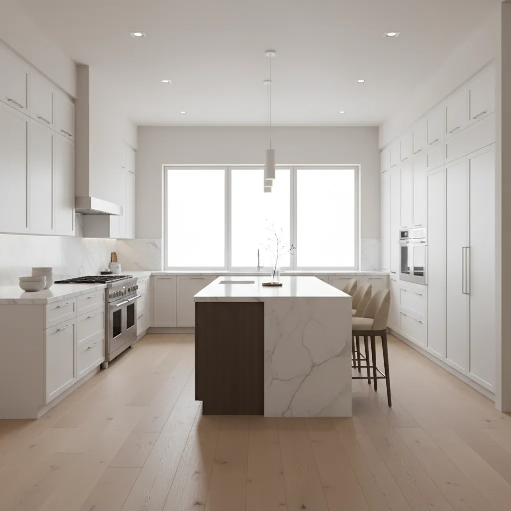 Kitchen showing white cabinets balanced with wood floors and marble countertops