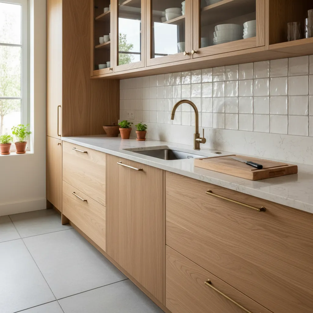 Kitchen materials layering wood cabinets stone counters and warm lighting