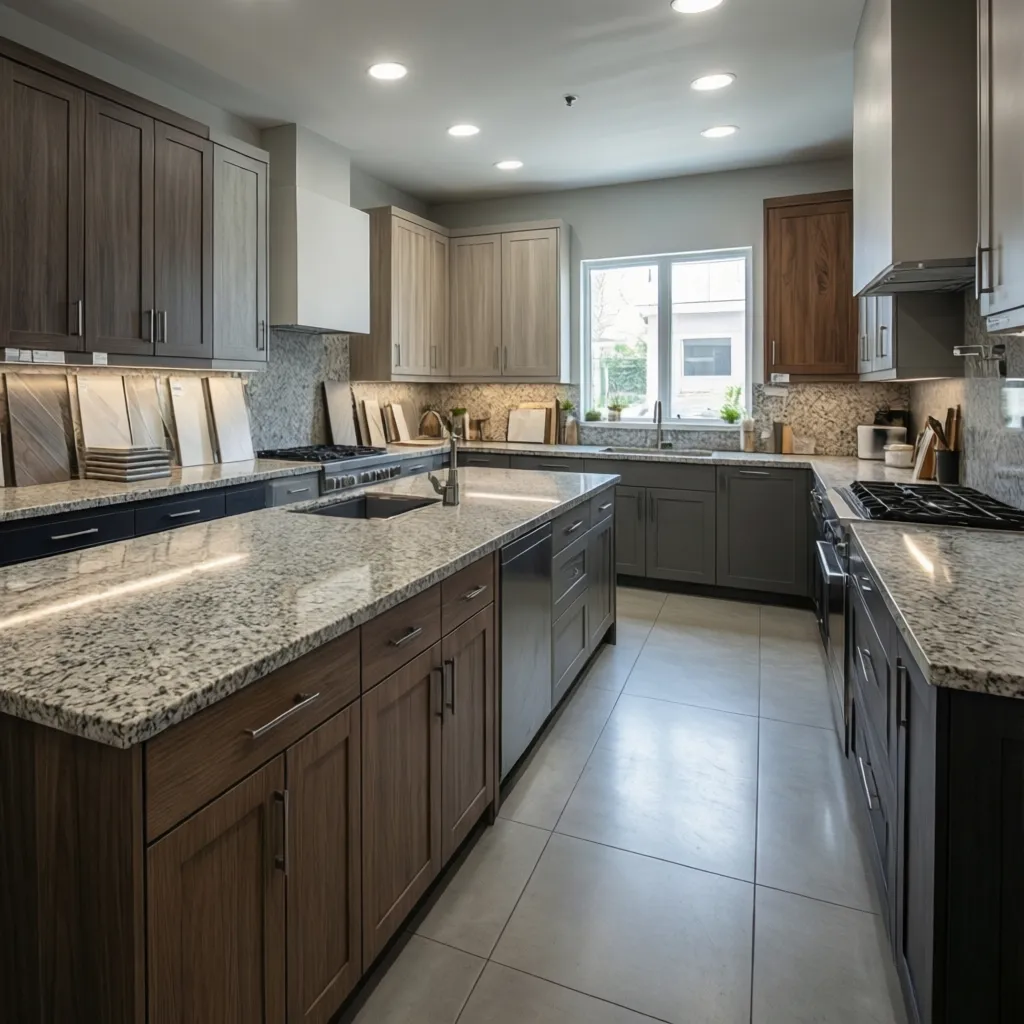 Kitchen showroom displaying various stone countertops wooden cabinets tile samples and modern recessed ceiling lights setup