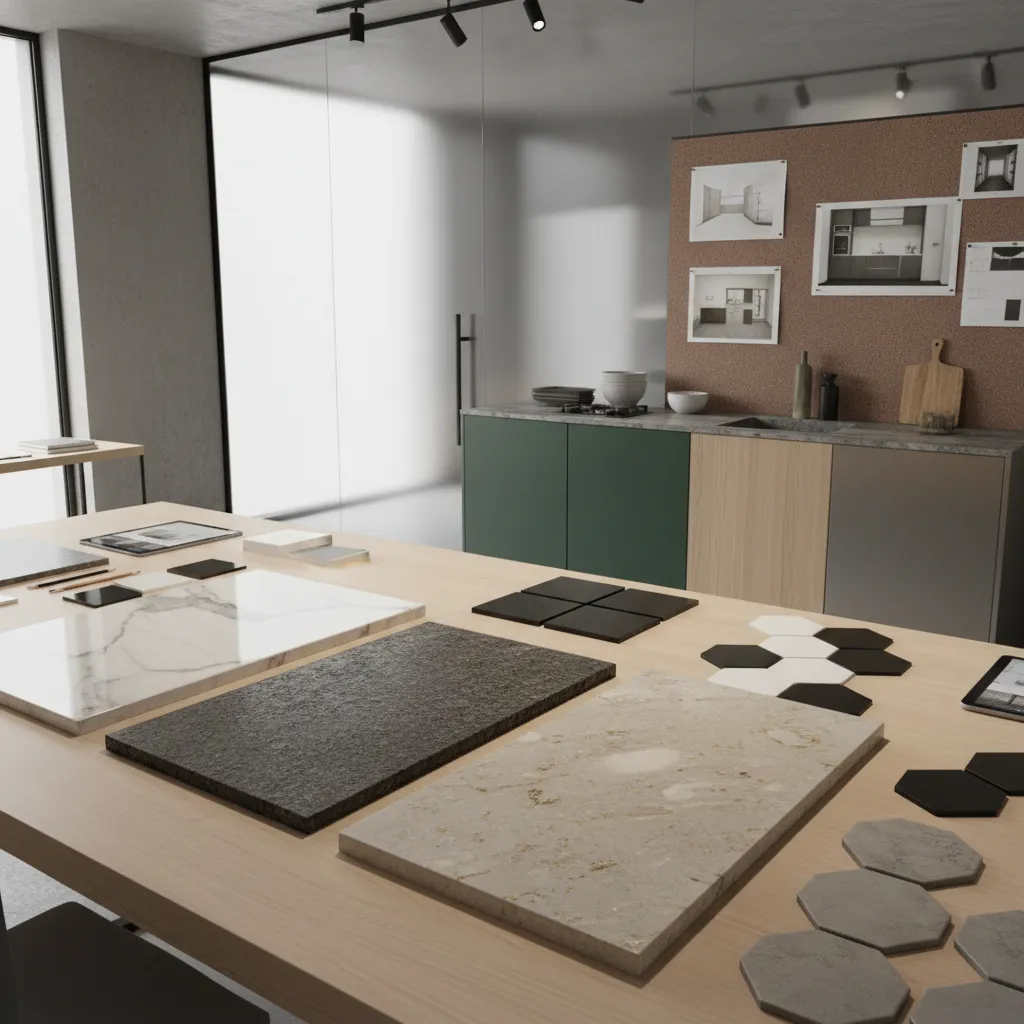 kitchen remodel materials including cabinet samples and countertop slabs