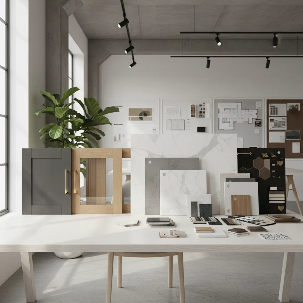 kitchen design table with cabinet samples quartz countertop and tile swatches