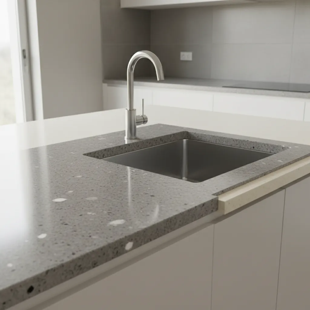 Close-up of granite quartz and stainless steel kitchen surfaces