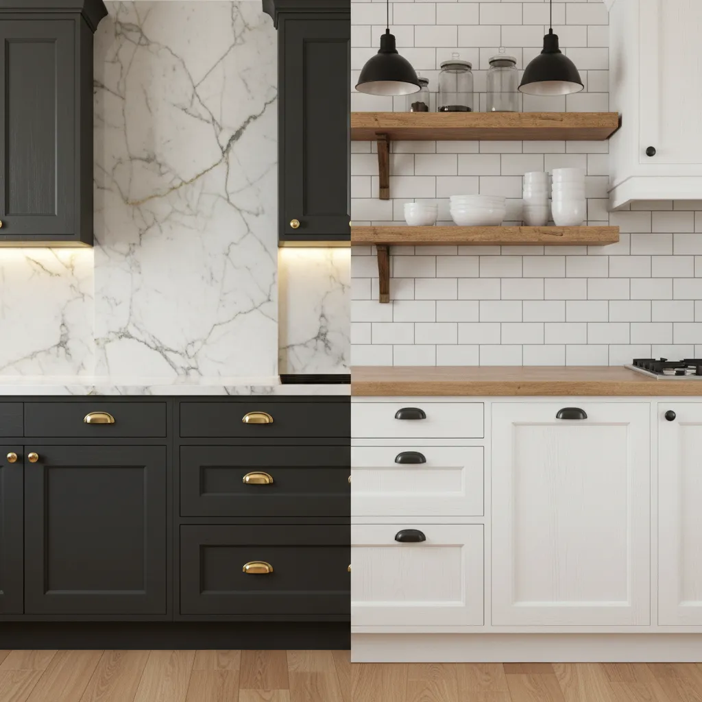 Comparison of dark luxury kitchen cabinets and white farmhouse kitchen cabinets