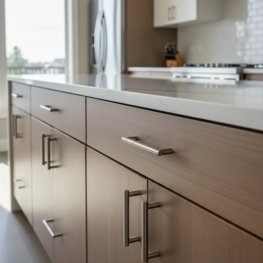 close view of quartz countertop wood cabinets and modern kitchen finishes