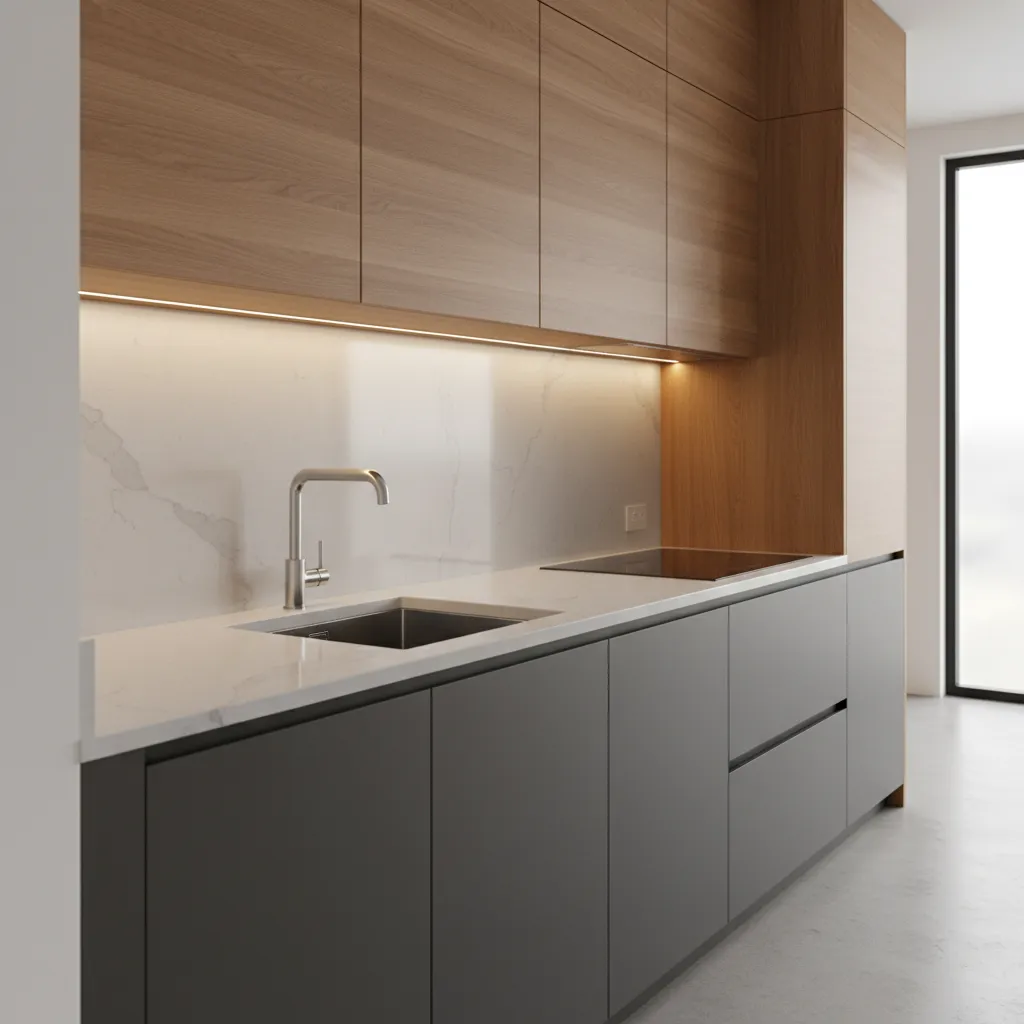 Close view of modular kitchen cabinets and quartz countertop materials