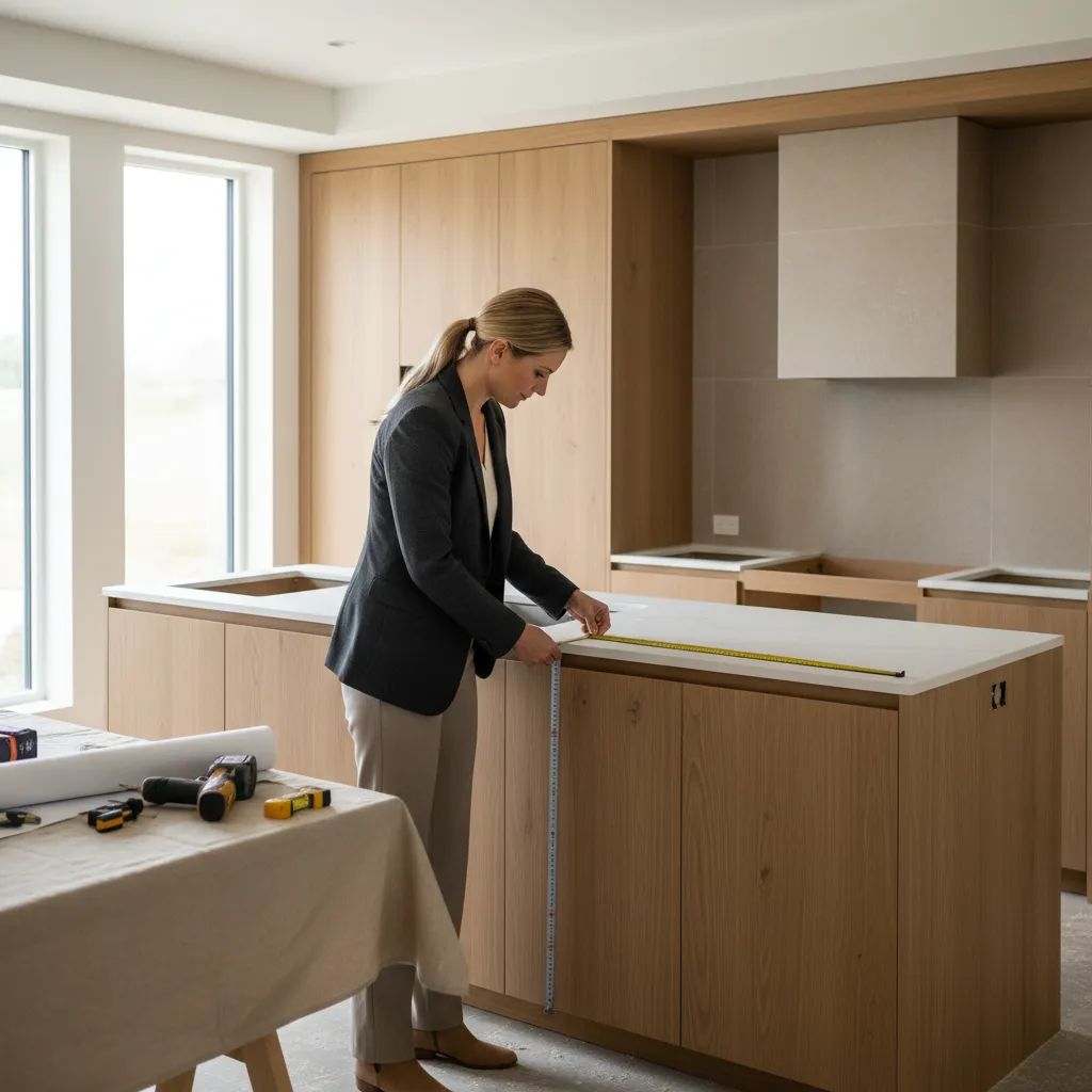 Diseñador revisando medidas en una cocina durante una reforma