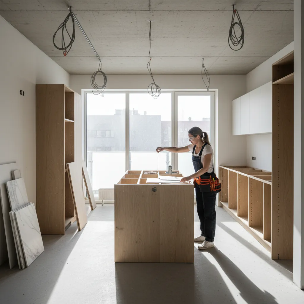 Diseñador midiendo una cocina antes de planificar muebles